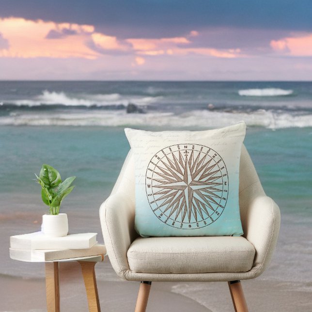 Sepia Compas Rose on Blue with Handwriting Throw Pillow (Creator Uploaded)