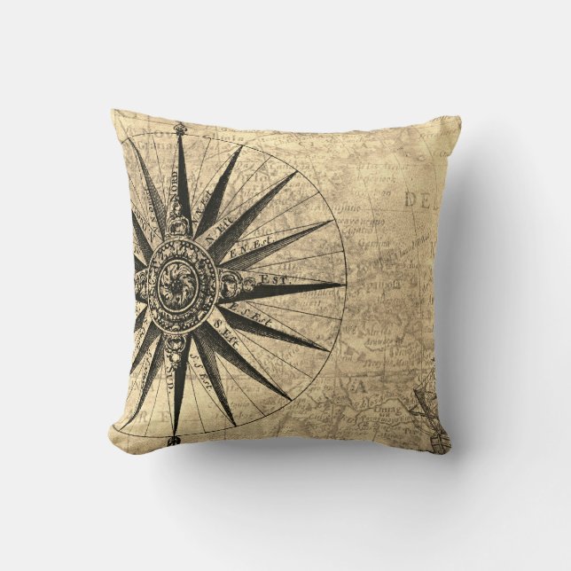 Sepia Compass Discovery Age World Map Throw Pillow (Front)