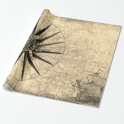 Sepia Compass Sailing Ship Discovery Age World Map Wrapping Paper