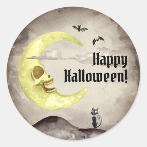 Sepia Creepy Moon Bats Black Cat Halloween Classic Round Sticker