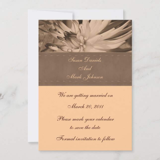 Sepia Dahlia Flower Wedding Save The Date Invitation (Front)