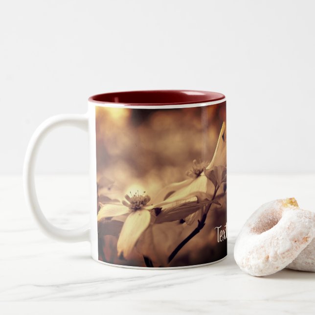 Sepia Dogwood Flowers Personalized  Two-Tone Coffee Mug (With Donut)