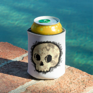 Sepia Dotted Halftone Skull Watercolor Can Cooler