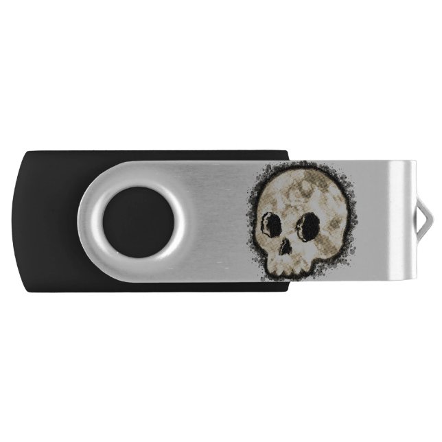 Sepia Dotted Halftone Skull Watercolor Flash Drive (Front)