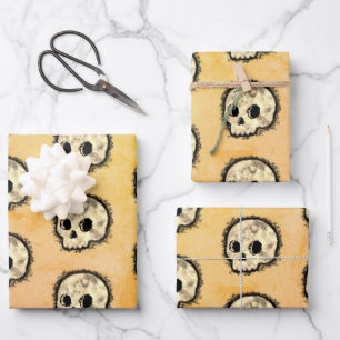 Sepia Dotted Halftone Skull Watercolor Wrapping Paper Sheets