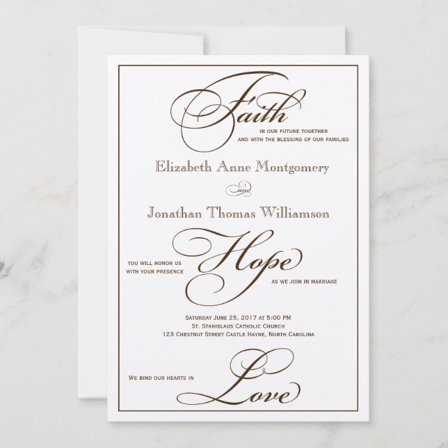Sepia Faith Hope Love Script Wedding Invitation (Front)