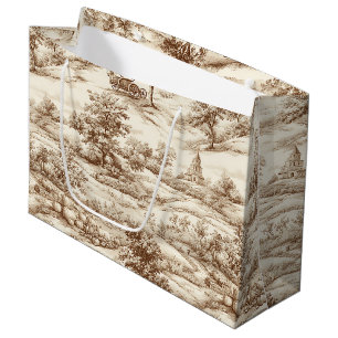 Sepia Farmhouse Pumpkin Toile Harvest Pattern Large Gift Bag