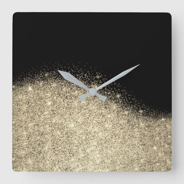 Sepia Faux Gold Black Glitter Gray Minimal Metal Square Wall Clock (Front)
