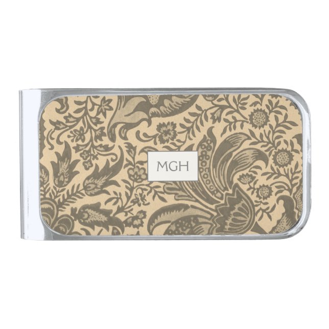 Sepia Floral Botanical Monogram Silver Finish Money Clip (Front)