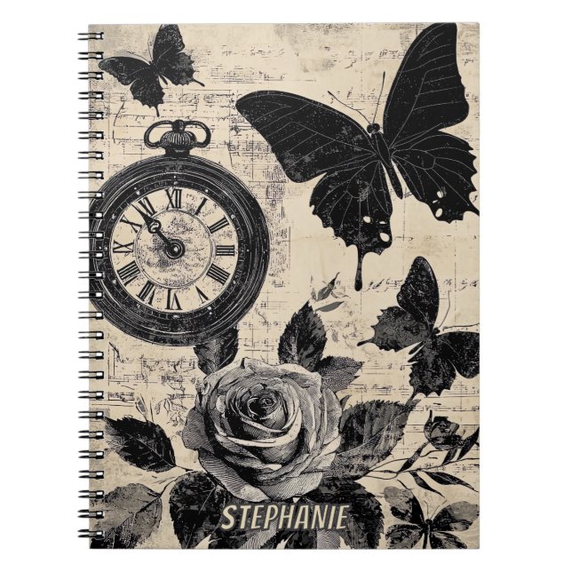 Sepia Floral Butterfly Wanderlust Compass Notebook (Front)