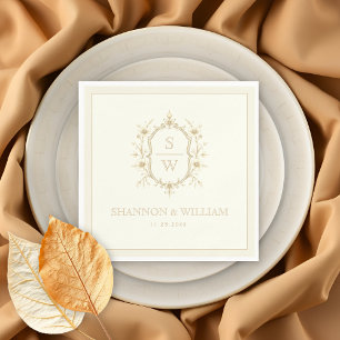 Sepia floral crest monogram vintage ivory wedding napkins