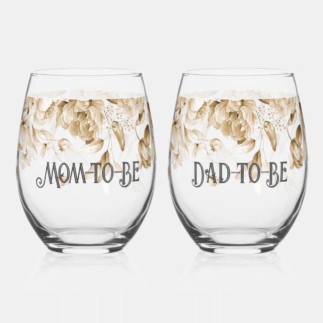 Sepia Floral Drop l Baby Shower Mom & Dad-to-Be Stemless Wine Glass (Front)