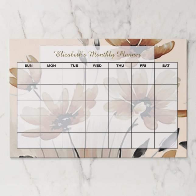 Sepia floral personalized month planner paper pad (Front)