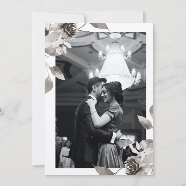 Sepia Floral Photo Watercolor Wedding Invitation (Front)