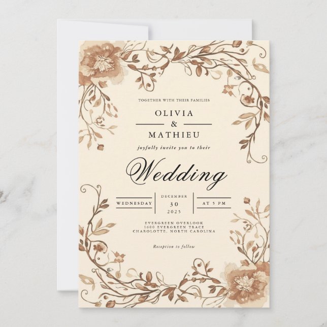 Sepia Floral Scroll Arch Wedding Invitation (Front)