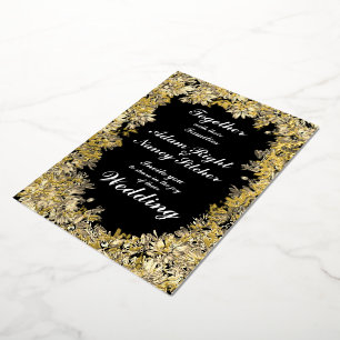 Sepia Flower Boarder on Black Wedding Invitation Foil Invitation