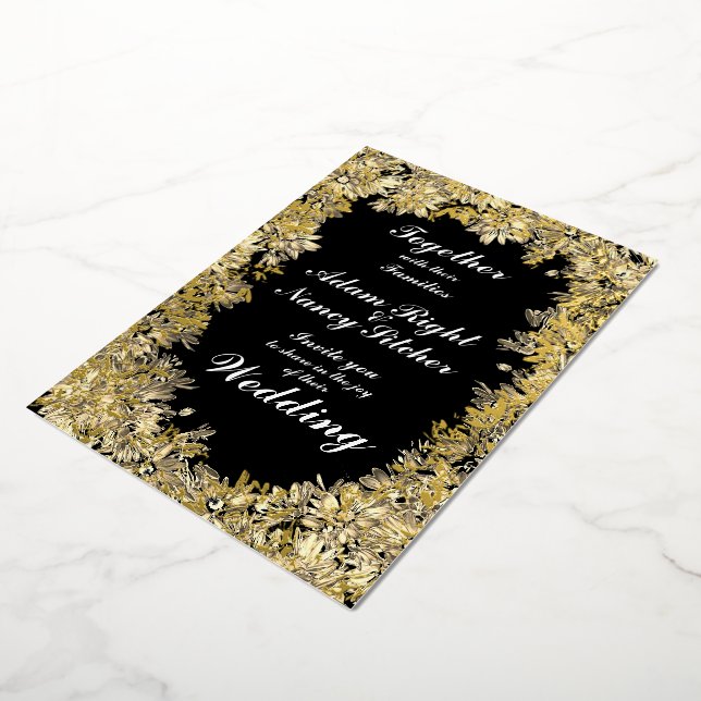Sepia Flower Boarder on Black Wedding Invitation Foil Invitation (Rotated)