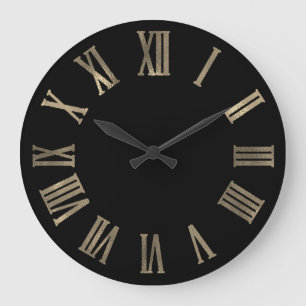 Sepia Gold Black Metallic Minimal Roman Numbers Large Clock