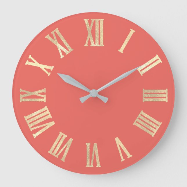 Sepia Gold Coral  Metallic Silver Roman Numbers Large Clock (Front)