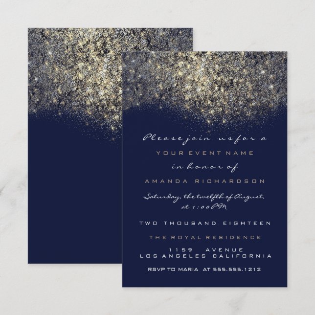 Sepia Gold Sparkly Glitter Blue Navy  Invitation (Front/Back)