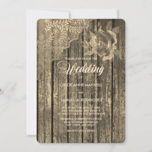 Sepia Gold Wood Lace and Rose Wedding Invitation