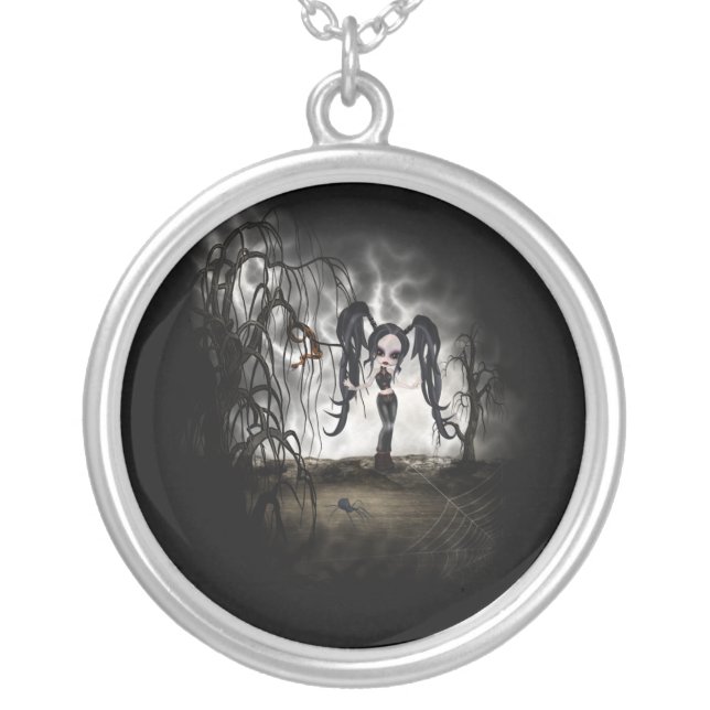 Sepia Goth Girl Vignette Silver Plated Necklace (Front)