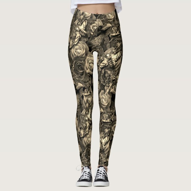 Sepia Gothic Victorian Raven Rose Hawk Moth Leggings (Front)