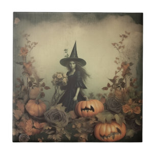 Sepia Gothic Witch with Pumpkins and Autumn Roses Ceramic Tile