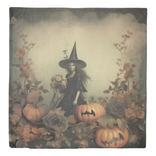 Sepia Gothic Witch with Pumpkins and Autumn Roses Duvet Cover