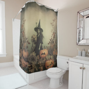 Sepia Gothic Witch with Pumpkins and Autumn Roses Shower Curtain