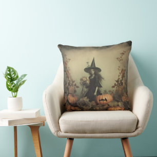 Sepia Gothic Witch with Pumpkins and Autumn Roses Throw Pillow
