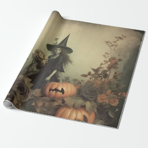 Sepia Gothic Witch with Pumpkins and Autumn Roses Wrapping Paper