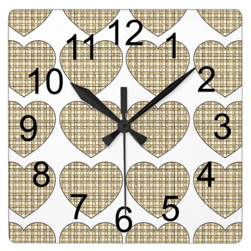 Sepia Hearts Gingham Square Wall Clock