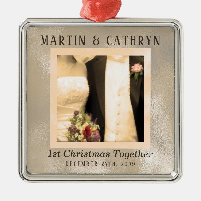Sepia Just Married 1st Christmas Custom Year Metal Ornament (Front)