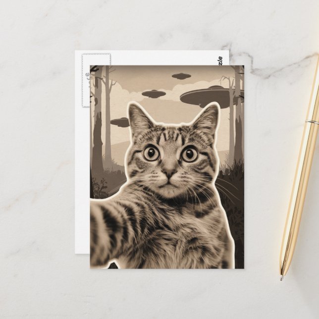 Sepia Kitty and UFOs Postcard (Front/Back In Situ)