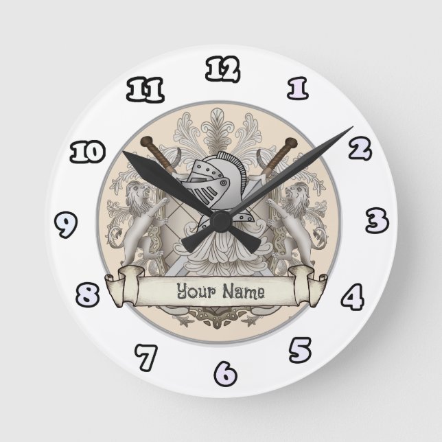 Sepia knight Shield surname Round Clock (Front)