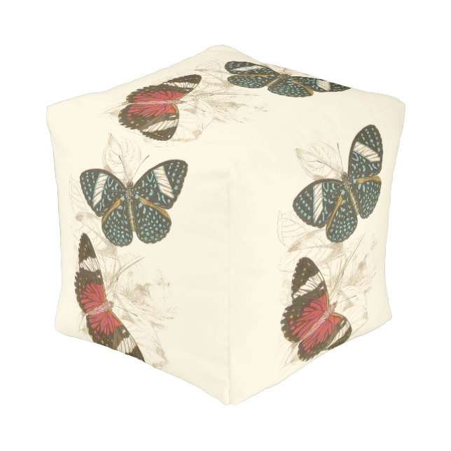 Sepia Leaves with Colorful Butterflies Pouf (Angled Front)