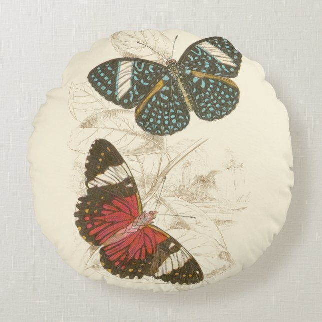 Sepia Leaves with Colorful Butterflies Round Pillow (Front)
