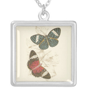 Sepia Leaves with Colorful Butterflies Silver Plated Necklace