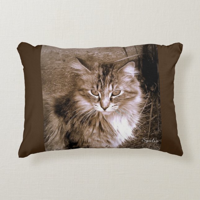 Sepia Maine Coon Cat Throw Pillow (Front)