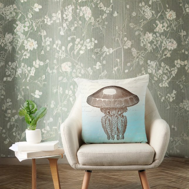 Sepia Man O War on Sky Blue and White with Writing Throw Pillow (Creator Uploaded)