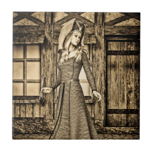 Sepia Medieval Princess Renaissance Art Ceramic Tile