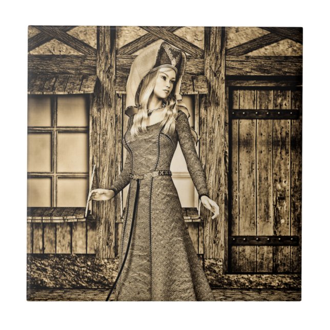 Sepia Medieval Princess Renaissance Art Ceramic Tile (Front)