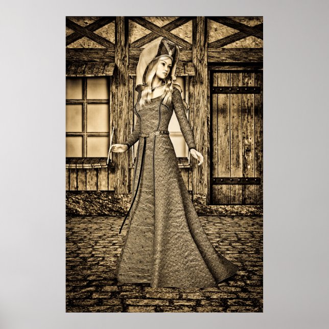 Sepia Medieval Princess Renaissance Art Poster (Front)