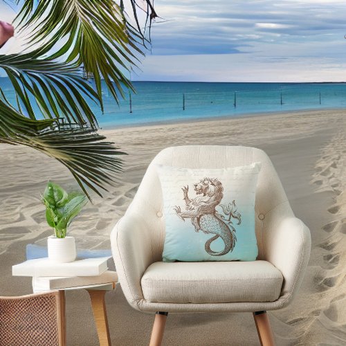 Sepia Merlion on Blue with Handwriting Throw Pillow