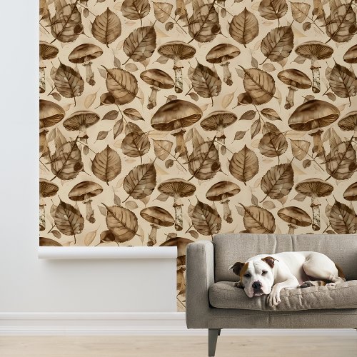 Sepia Monochrome Mushroom Leaf Cottogecore Wallpaper