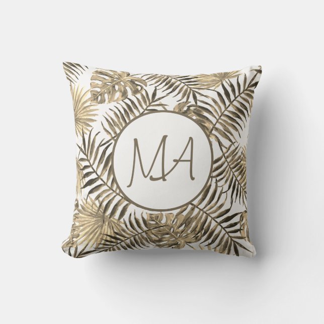 Sepia Monogrammed Tropical Jungle Leaf Decor Throw Pillow (Front)
