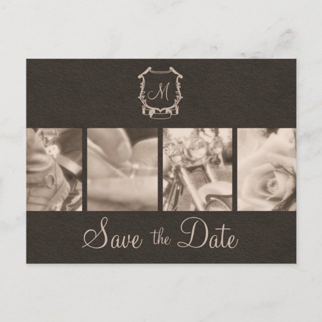 Sepia Motorcycle Photos Save the Date Announcement (Front)