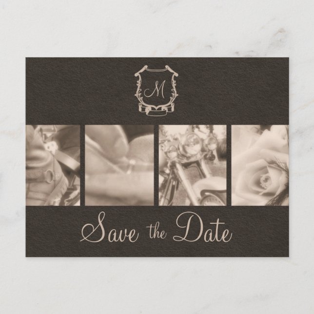 Sepia Motorcycle Photos Save the Date Announcement Postcard (Front)