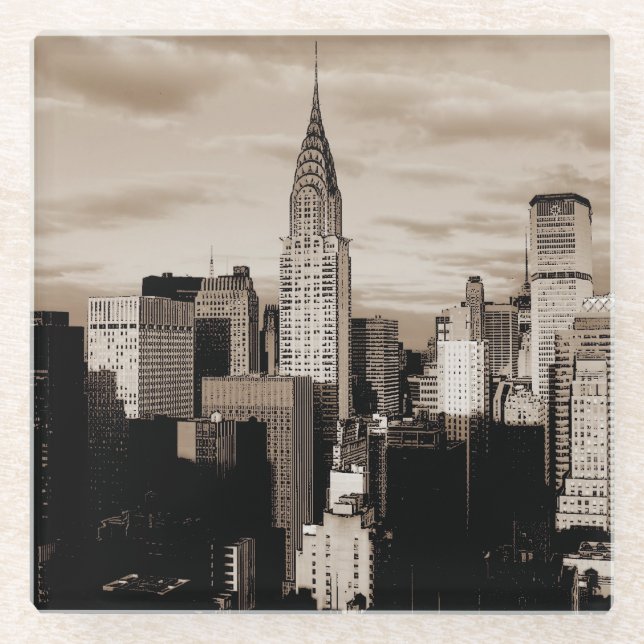 Sepia New York City Ink Sketch Glass Coaster (Front)